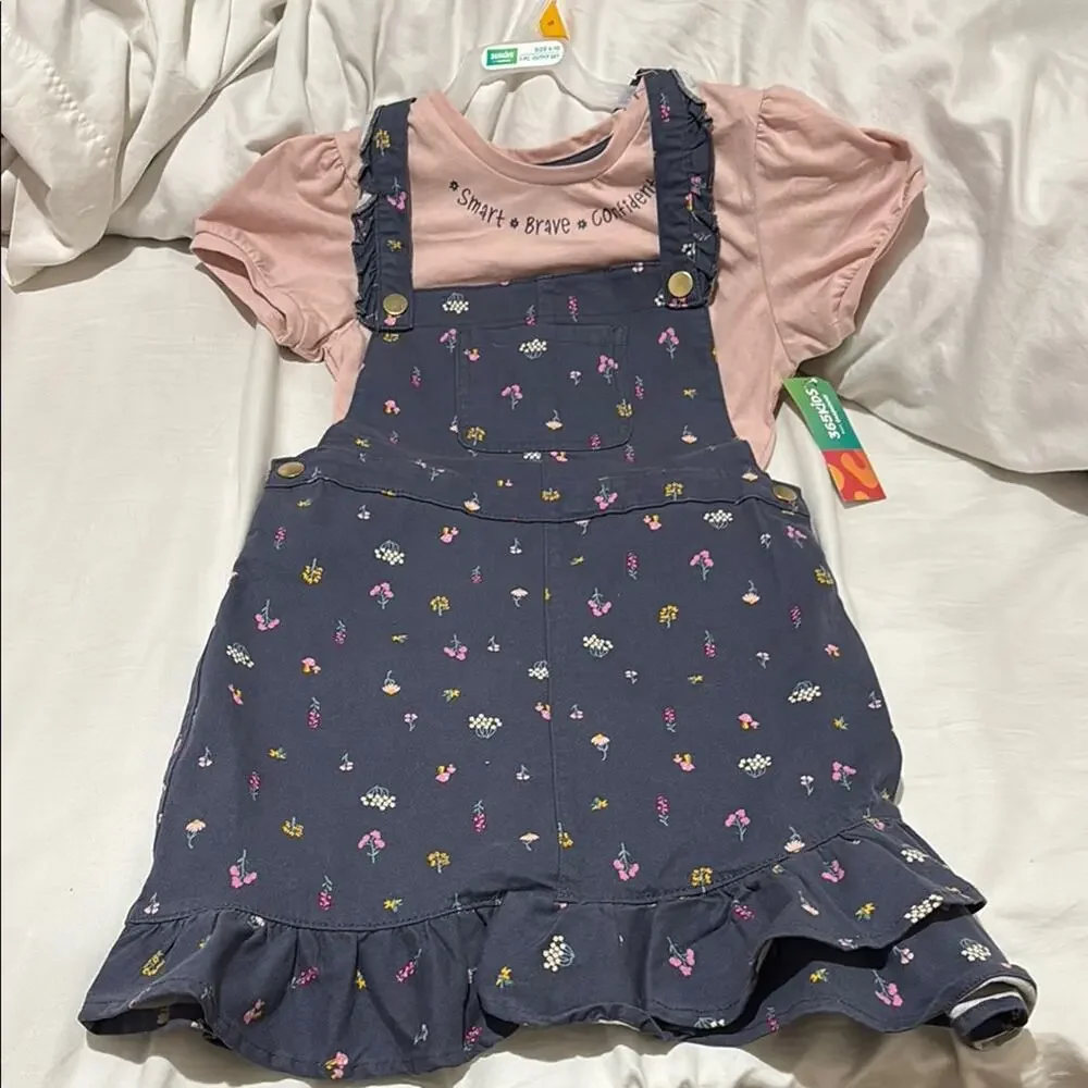 365 kids 10 Pink Top grey Floral Overall Dress jumper denim Set nwt